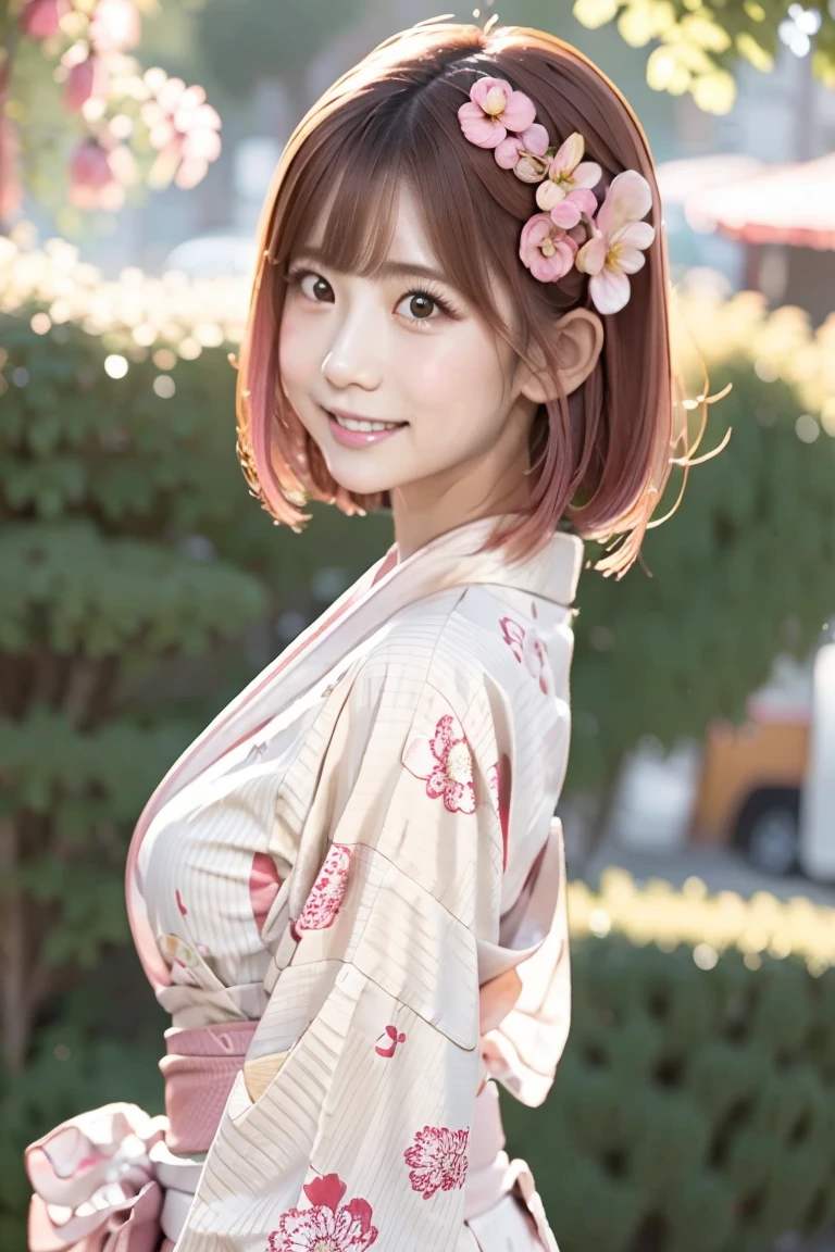 girl in white floral yukata robe, white floral kimono, wave at the camera, (hair (bright pink, amazing pink, bright pink short)), (8k, top quality, high definition, the best masterpiece, no light, childish face, small breasts, balance carefully, I'm watching my audience, big eyes, bilateral symmetrical eyes, laugh showing teeth, Yukata, Japan kimono, white floral kimono, white floral yukata, realistic skin, hydrated skin, perfect model body type, photorealistic, raw photo, japan girl, super cute, upper body image, front pose)