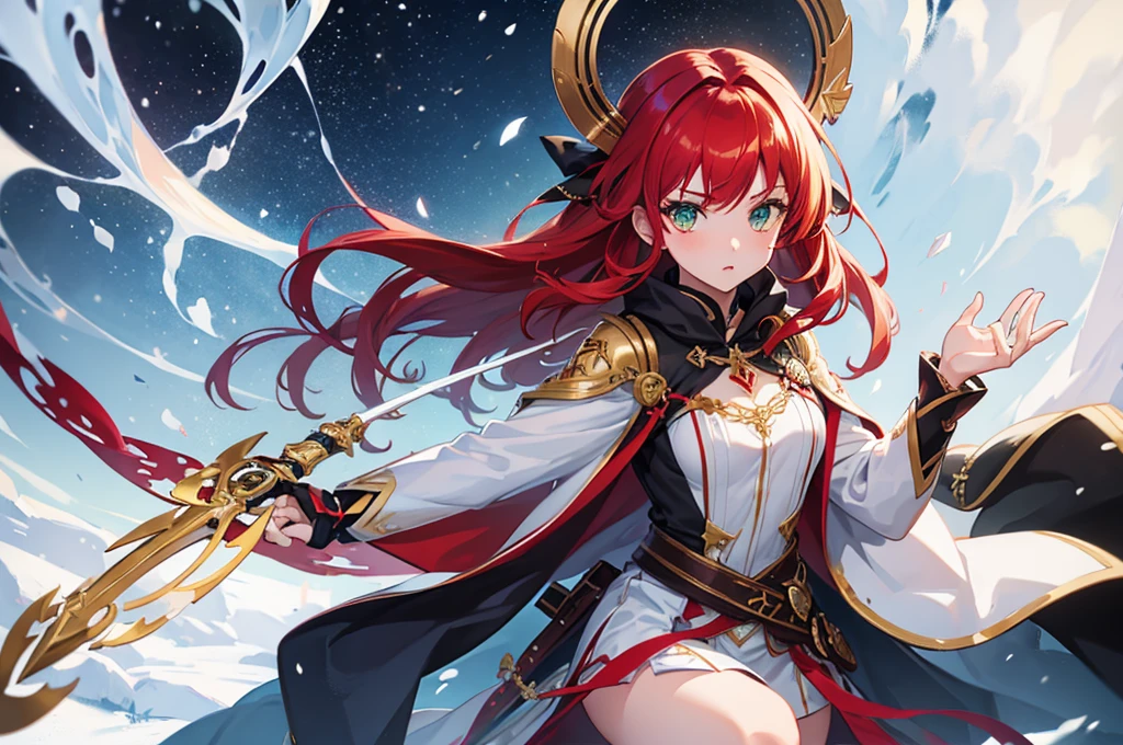 1 girl, green eyes, medium length red hair, anemo eye of the god from the snow, originally from Fontein, weapon Bow
