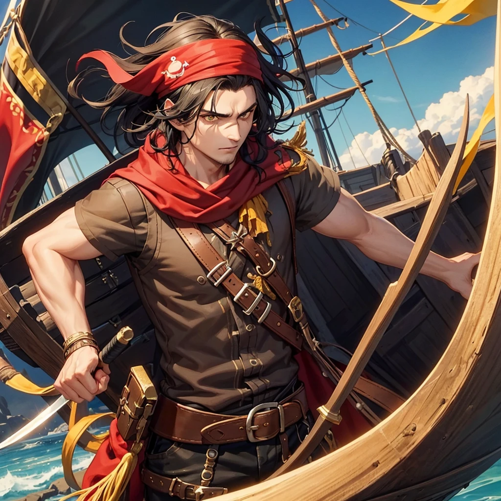Pirate with black, short, wavy hair, a stubble and yellow eyes. He is wearing a white shirt and a red bandana covering his hair. He is holding an axe. He is standing on a pirate's ship deck.