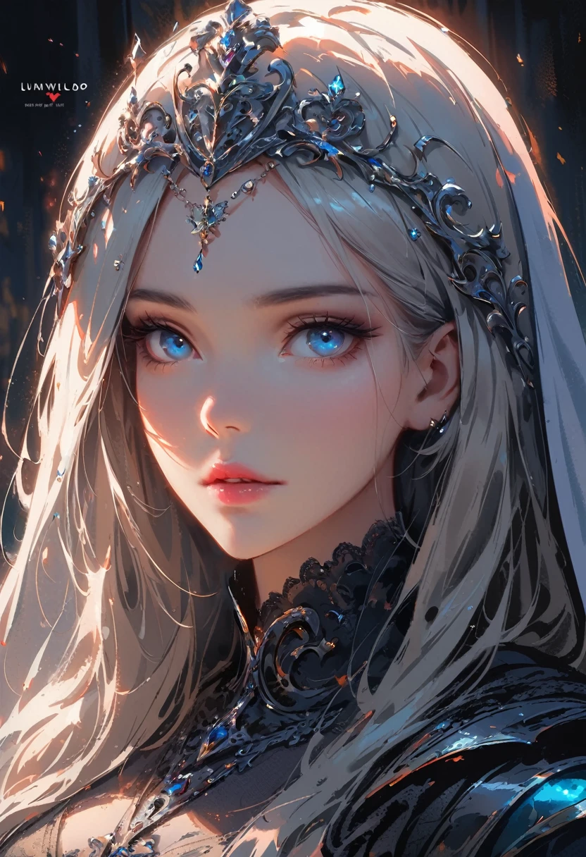 sakimychan style, Wlop style, portrait, Delicate face, Beautiful woman, Full lips, Opaque veil, Medieval veil, Head Rail, 12th century, blue eyes, Briot, Lord of the Rings armor, white hair, Nearly perfect, Beautiful anime style, Clean Delicate face, glowing shadow, beautiful gradient, Depth of Field, Clean Graphics, high quality, High Detail, HD, Luminous Studio graphics engine
