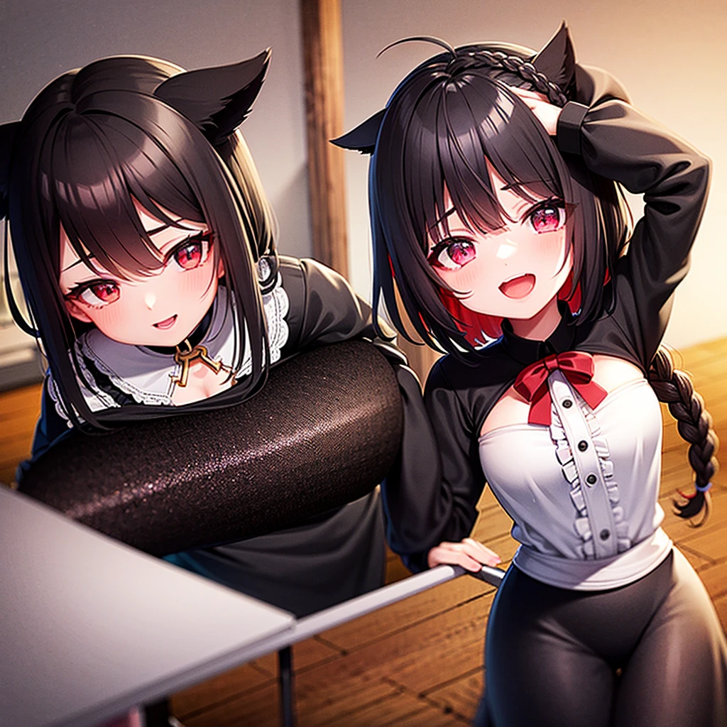A short girl with slanted eyes and a very well-developed chest, laughing fearlessly.、Black braided hairstyle、Wear lots of decorative accessories、Red Eyes、Animal Ears、sunset、Elegant blue Gothic Lolita outfit、Key visual from the waist up