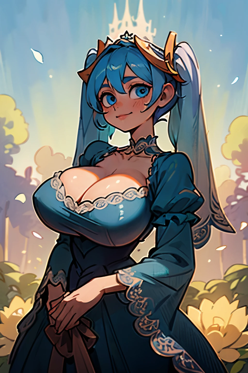 masterpiece, best quality, ultra-detailed, illustration, colorful, falt color, depth of field, lens flare, 1girl, sona \(league of legends\), blue hair, blue eyes, gradient hair, twintails, hair ornament, anime, (shortstack), (shortstackBT), (closeup), (upper body), cowboy shot, looking at viewer, at forest, (bride, flowers, white bridal lace dress, veil, cleavage), short height, detailed skin texture, beautiful detailed face, smile, seductive, alluring attire, collarbone, (gigantic breasts, saggy breasts, huge breasts, curvy, voluptuous, curvaceous)
