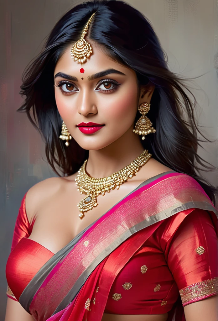 perfect pink eyes, fantastic face, Indian woman named Mrunal thakur, beautiful look, ((red lips, bright eyes, curve heir 1.5)), ((beautiful details very big breast )), ((bif breasts)), ((big cleavage)) ,(Straight round and ((ultra huge clevage)), not sagging breast), A glorious gorgeous, glorious gorgeous face, pretty face, bright eyes, detailed elegant printed red saree, updo elegant hair, blurred gray tones background, ultra focus, face ilumined, face detailed, 8k resolution, painted, dry brush, brush strokes, razumov style and garmash style, by Tokaito, ((Full Open )), full body, sexy open thin belly, upper body part totally naked