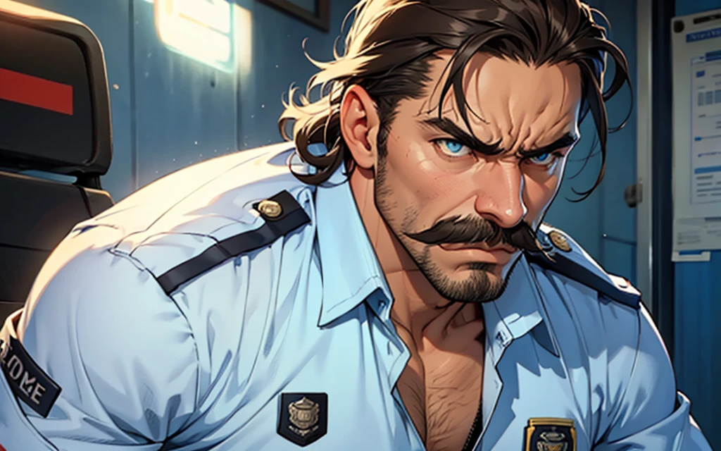 man in police uniform, eyes browns, kinda old, hopper mustache and hair, angry