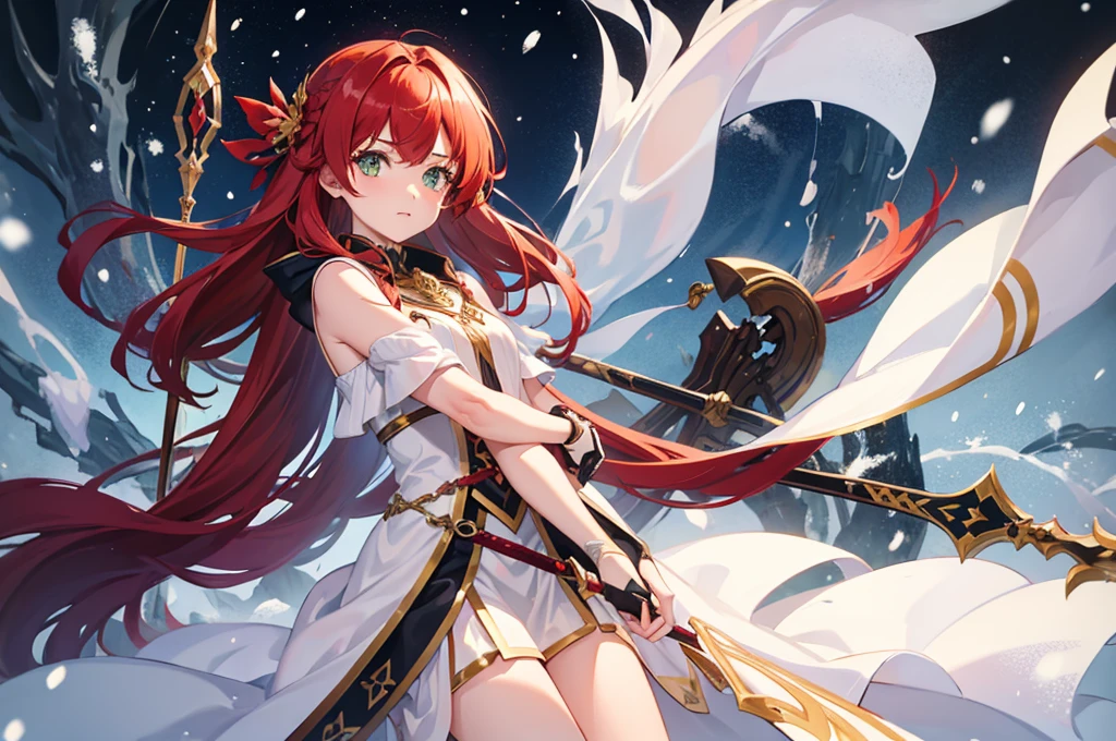 1 girl, green eyes, medium length red hair, anemo eye of the god from the snow, originally from Fontein, weapon Bow