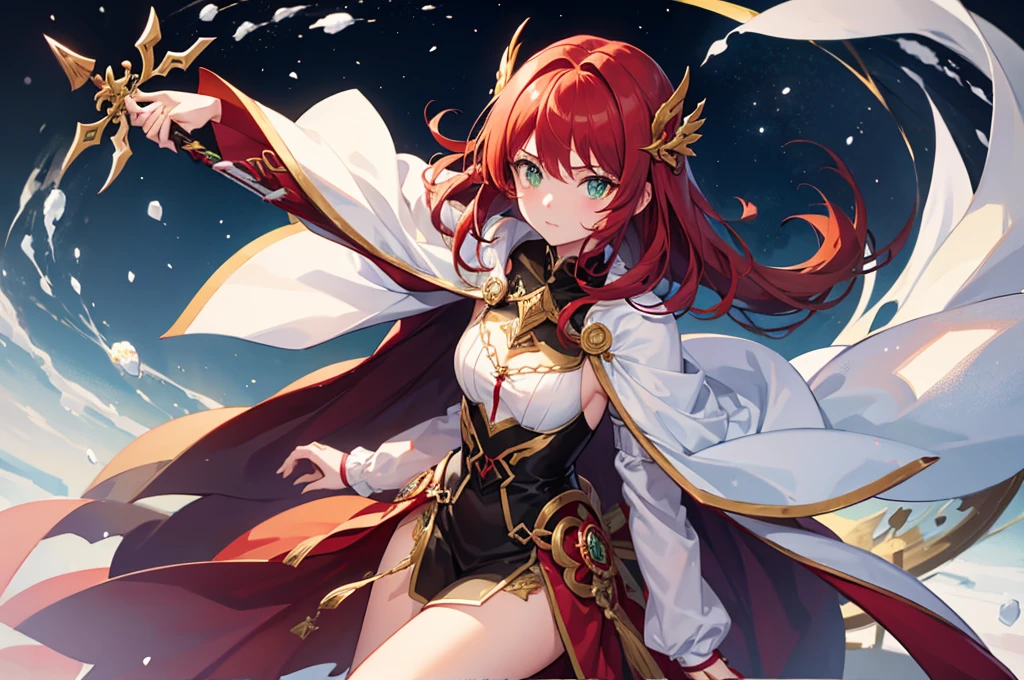 1 girl, green eyes, medium length red hair, anemo eye of the god from the snow, originally from Fontein, weapon Bow