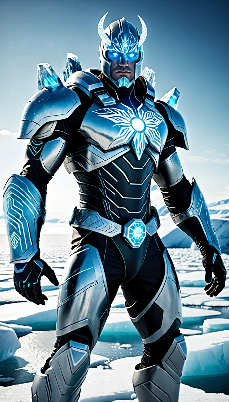 Create a full-body, powerful, futuristic Arctic sea warrior avatar with advanced technology integrated into the armor. The character should have a strong, heroic physique and confident facial features, with some parts of the face visible. The armor should be a blend of ancient Greek or Atlantean warrior styles, covering essential parts of the body while leaving some muscular areas exposed. Subtle Arctic themes, such as ice formations and snowflakes, should be incorporated into the design, using a color scheme of icy blue, white, and silver. The character should emanate a sense of strength and dominance, with glowing icy blue eyes and a mythical, frosty aura. Ensure the character is visible from head to toe, standing against a backdrop of a frozen ocean, with icebergs and the northern lights visible, to enhance the powerful and dynamic setting.