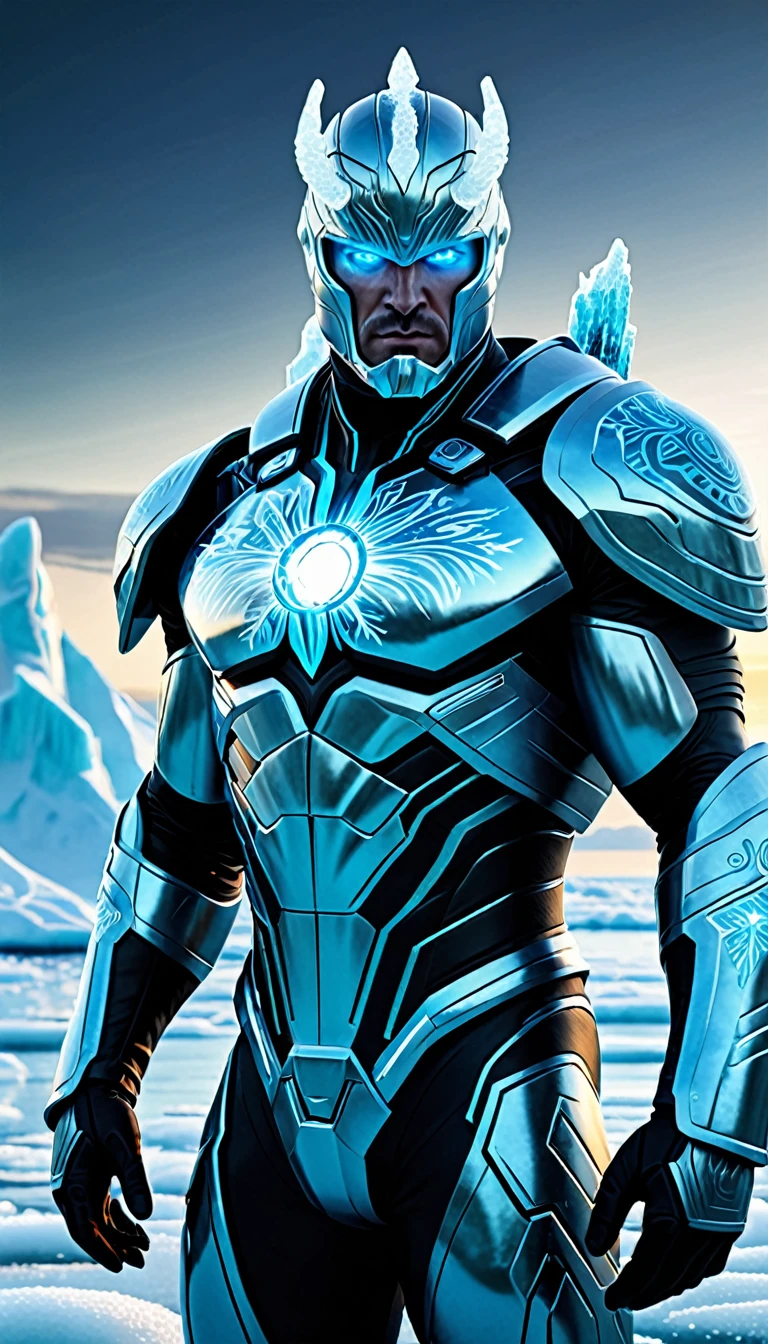 Create a full-body, powerful, futuristic Arctic sea warrior avatar with advanced technology integrated into the armor. The character should have a strong, heroic physique and confident facial features, with some parts of the face visible. The armor should be a blend of ancient Greek or Atlantean warrior styles, covering essential parts of the body while leaving some muscular areas exposed. Subtle Arctic themes, such as ice formations and snowflakes, should be incorporated into the design, using a color scheme of icy blue, white, and silver. The character should emanate a sense of strength and dominance, with glowing icy blue eyes and a mythical, frosty aura. Ensure the character is visible from head to toe, standing against a backdrop of a frozen ocean, with icebergs and the northern lights visible, to enhance the powerful and dynamic setting.