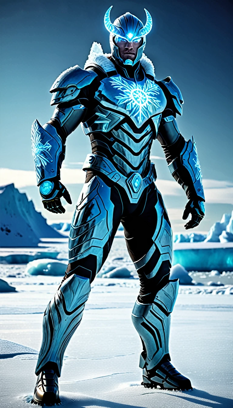 Create a full-body, powerful, futuristic Arctic sea warrior avatar with advanced technology integrated into the armor. The character should have a strong, heroic physique and confident facial features, with some parts of the face visible. The armor should be a blend of ancient Greek or Atlantean warrior styles, covering essential parts of the body while leaving some muscular areas exposed. Subtle Arctic themes, such as ice formations and snowflakes, should be incorporated into the design, using a color scheme of icy blue, white, and silver. The character should emanate a sense of strength and dominance, with glowing icy blue eyes and a mythical, frosty aura. Ensure the character is visible from head to toe, standing against a backdrop of a frozen ocean, with icebergs and the northern lights visible, to enhance the powerful and dynamic setting.