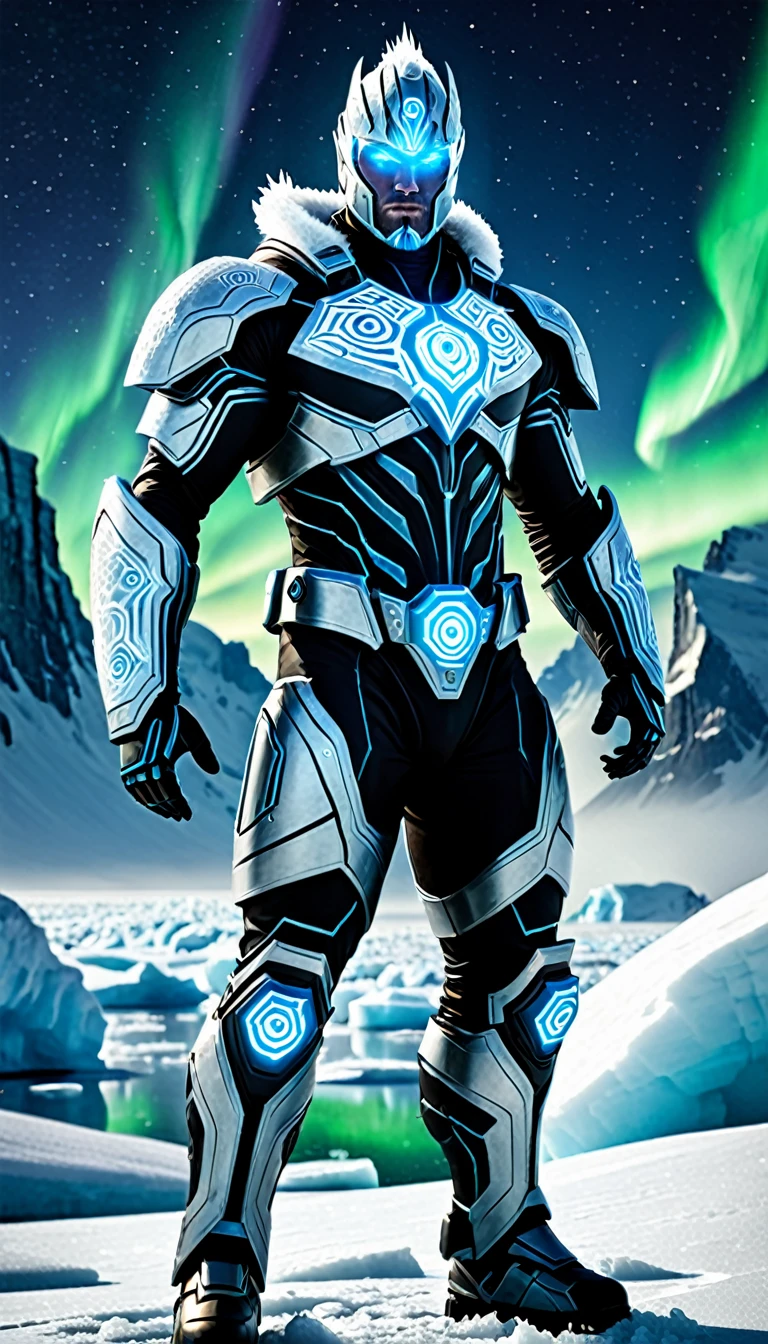 Create a full-body, powerful, futuristic Arctic sea warrior avatar with advanced technology integrated into the armor. The character should have a strong, heroic physique and confident facial features, with some parts of the face visible. The armor should be a blend of ancient Greek or Atlantean warrior styles, covering essential parts of the body while leaving some muscular areas exposed. Subtle Arctic themes, such as ice formations and snowflakes, should be incorporated into the design, using a color scheme of icy blue, white, and silver. The character should emanate a sense of strength and dominance, with glowing icy blue eyes and a mythical, frosty aura. Ensure the character is visible from head to toe, standing against a backdrop of a frozen ocean, with icebergs and the northern lights visible, to enhance the powerful and dynamic setting.
