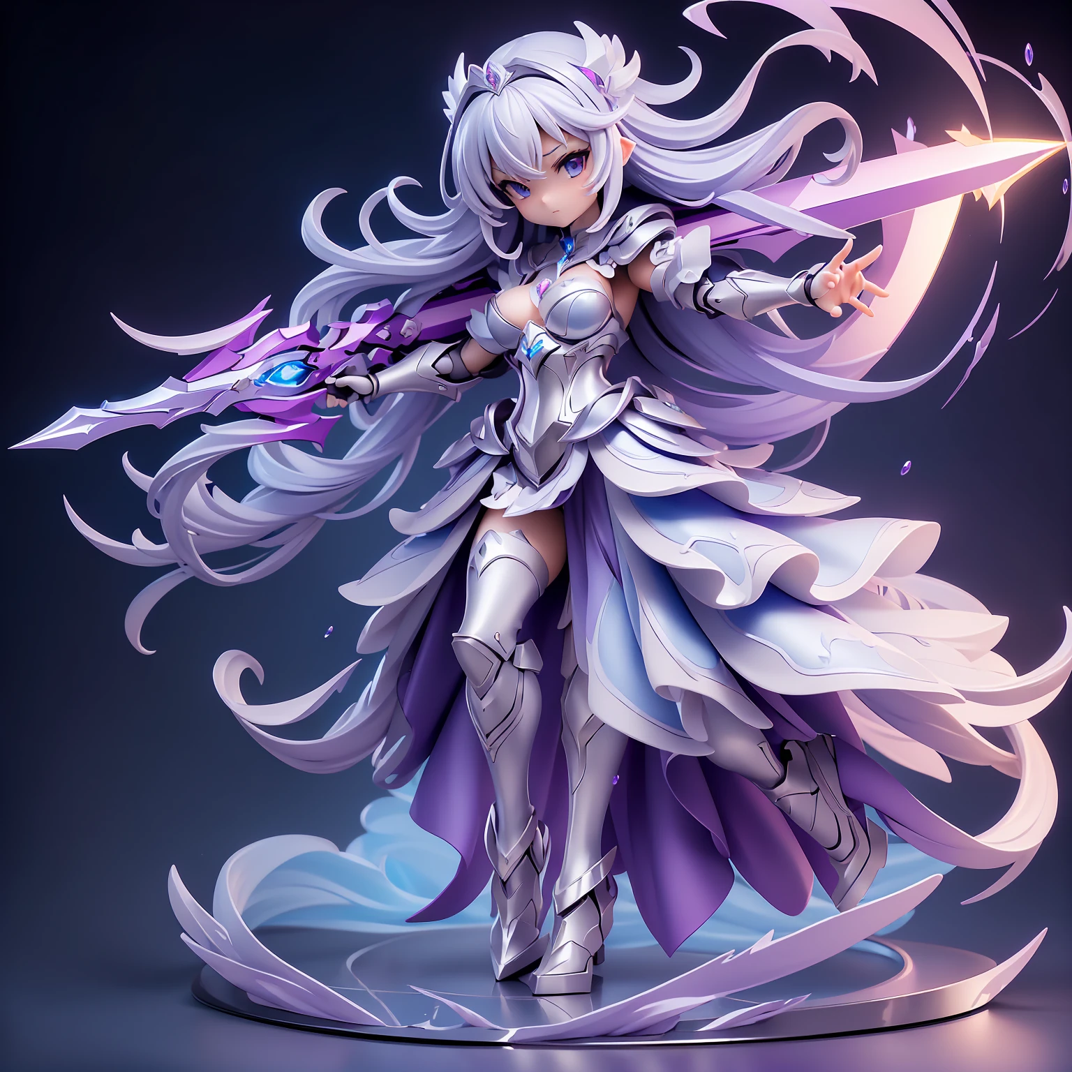(((masterpiece, best quality, high detailed, 8k))) Design a layout showcase Gaming character, (1girl). Purple|Silver clothes, stylish and unique. ((showcase weapon:1.4)), magical orb. (masterpiece:1.2), (best quality), 4k, ultra-detailed. (Step by step design, layout art:1.5), (luminous lighting, atmospheric lighting). sorceress, ((glove full hands)), (((revealing clothes:1.3))), vambraces, armored legwear, (((full_body_shot:1.4))). {In an enchanted castle}.