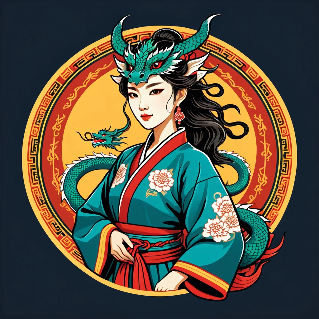 female	dragon	in korean folk outfit	,vector graphics, strong contours, logo design																						