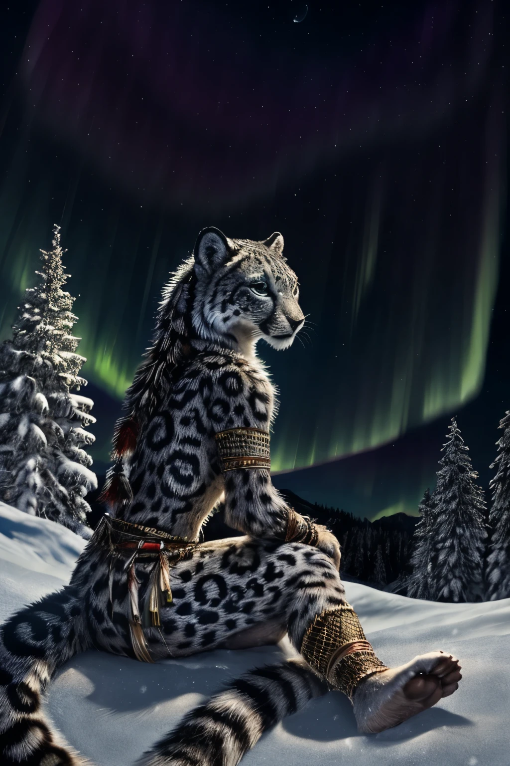 Snow Leopard, Humanity, furry, woman, woman, fur, detailed fur masterpiece, Highest quality, Digital Art, (Realistic:0.3), comics, Fine Lines, High resolution, Visually stunning (Detailed lighting, Depth of written boundary:0.9), Detailed Color, Vibrant colors, perfect hands, Fine hand (beautiful, cute, fluffy:1.2), Detailed body, Barefoot hairy character ,One girl,Person sitting barefoot in the snow, Nice legs, Soles and pads,smile,nature, Tribal accessories, Tribal costume, Colorful aurora borealis,Night