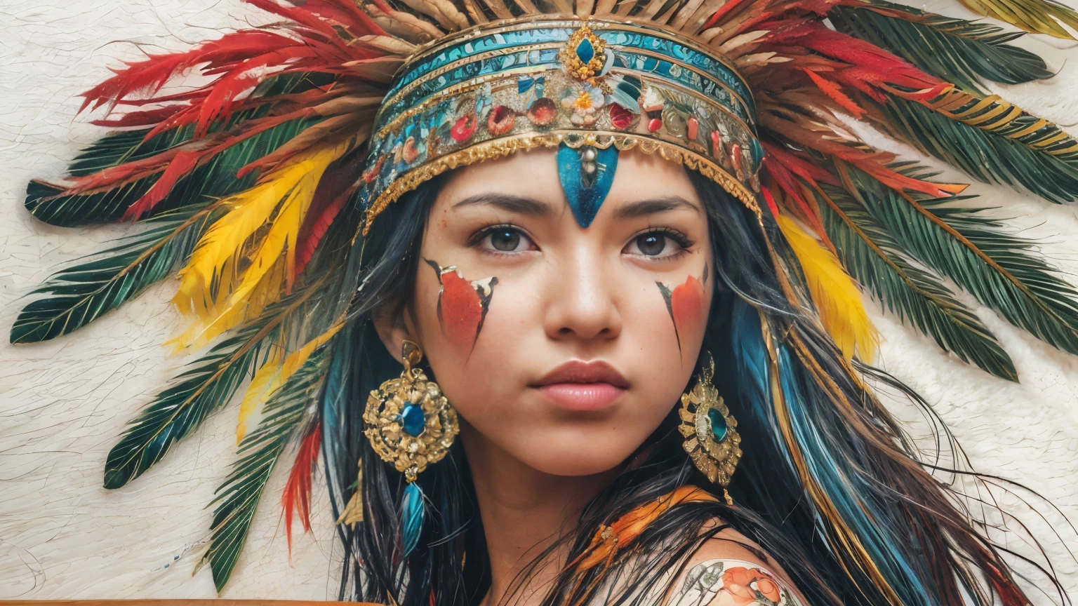 On a sketchbook page with subtle blue lines, a captivating indigenous woman gazes at the viewer with a gentle smile. Her long, dark hair cascades elegantly over her shoulders. She wears a traditional headdress adorned with vibrant red, yellow, and purple feathers, creating a striking contrast against the white background of the paper. This artwork, a masterpiece of pencil painting, draws inspiration from the hyper-realistic and detailed style of Diego Koi, the renowned Italian artist. The composition emphasizes meticulous shading, intricate textures, and a harmonious blend of colors, bringing the subject to life with impressive depth and realism.