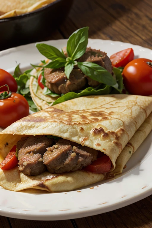 savory crepes stuffed with soy meat, above chery tomato in four