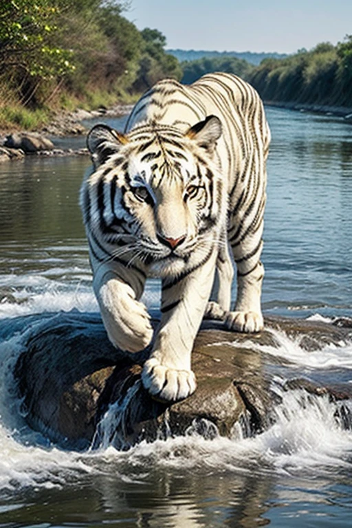 "Create a picture of a majestic white Bengal tiger in its natural habitat. The tiger must be positioned on the edge of a river, drinking water. He&#39;s in a forest clearing, surrounded by dense vegetation and tall trees. Its white coat with black stripes should be highlighted, reflecting the soft sunlight that penetrates through the leaves. The tiger&#39;s eyes must be intense and penetrating, capturing the essence of your wild and powerful nature. The scene must convey the beauty and strength of the tiger, highlighting the harmony between the animal and its natural environment as it quenches its thirst in the crystal-clear river."
best realistic image quality
