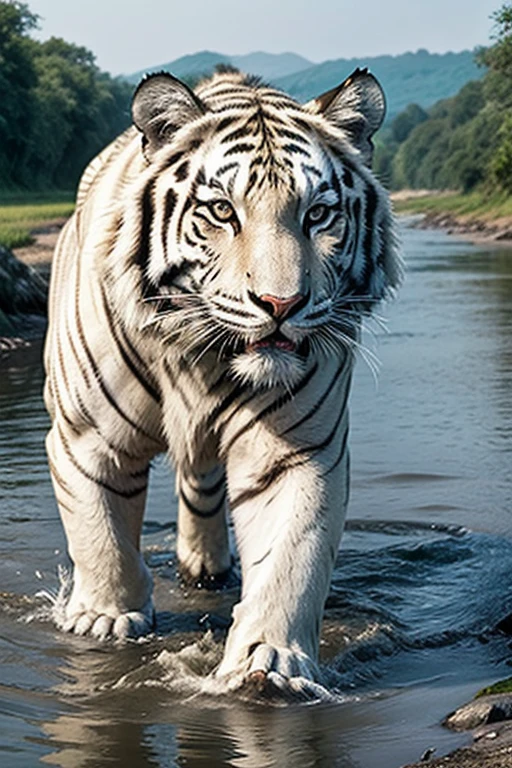 "Create a picture of a majestic white Bengal tiger in its natural habitat. The tiger must be positioned on the edge of a river, drinking water. He's in a forest clearing, surrounded by dense vegetation and tall trees. Its white coat with black stripes should be highlighted, reflecting the soft sunlight that penetrates through the leaves. The tiger's eyes must be intense and penetrating, capturing the essence of your wild and powerful nature. The scene must convey the beauty and strength of the tiger, highlighting the harmony between the animal and its natural environment as it quenches its thirst in the crystal-clear river."
best realistic image quality