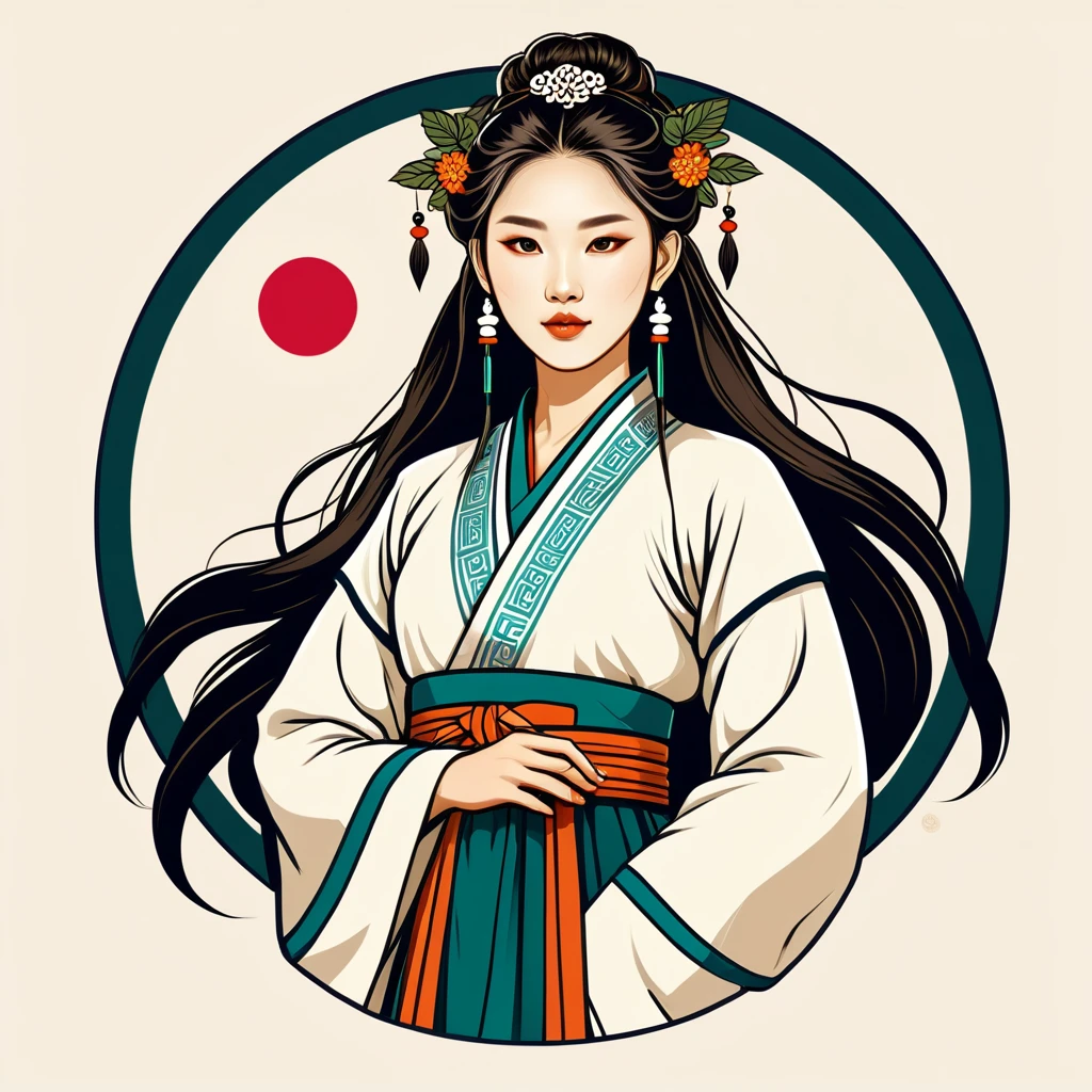 female druid in korean folk outfit ,vector graphics, strong contours, logo design