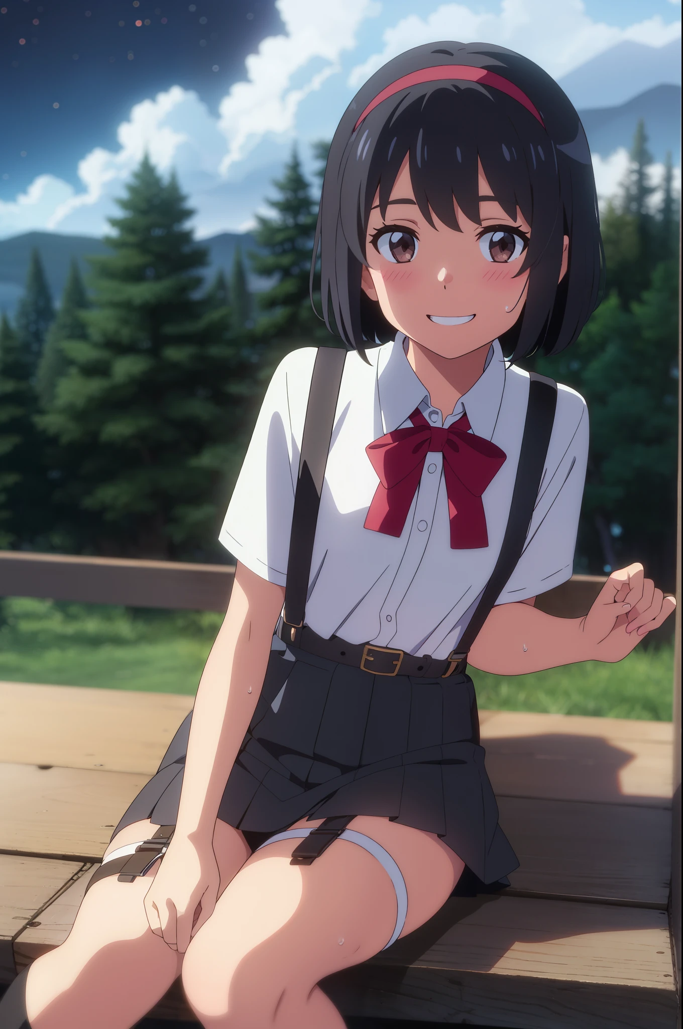 shinkai makoto, kimi no na wa., 1girl, bangs, black hair, blush, brown eyes, perfect face, looking at the viewer, black suspenders, white shirt, bare shoulders, red headband, red ribbon, garterbelt, garter, sight, mini skirt, belt, short hair, solo, shinny skin, smile, cute, grin, cloudy, night sky, night background, forest, sweat, sitting on the ground, (masterpiece), best quality