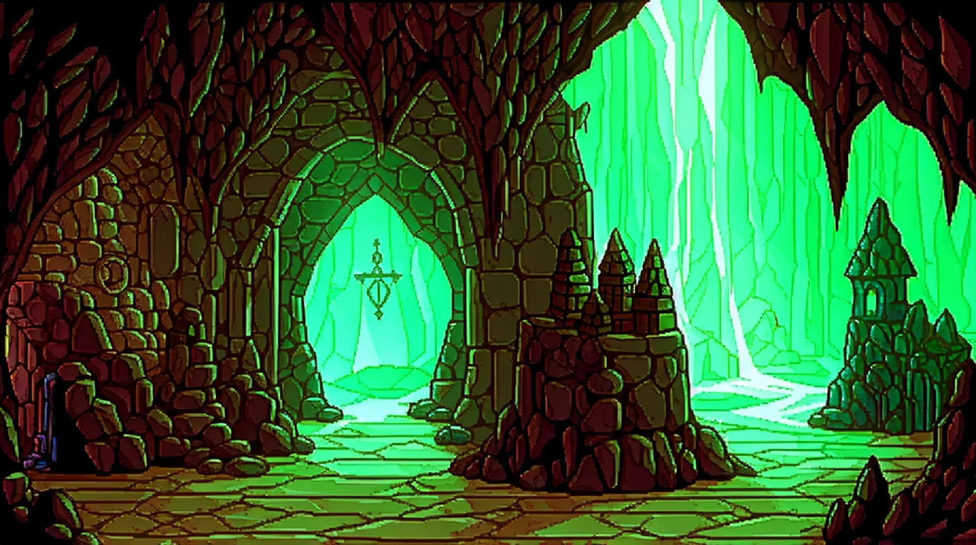 background, Cave of Witches - Secret hideout of witches. dark, with stone altars and mysterious symbols, in medieval fantasy style