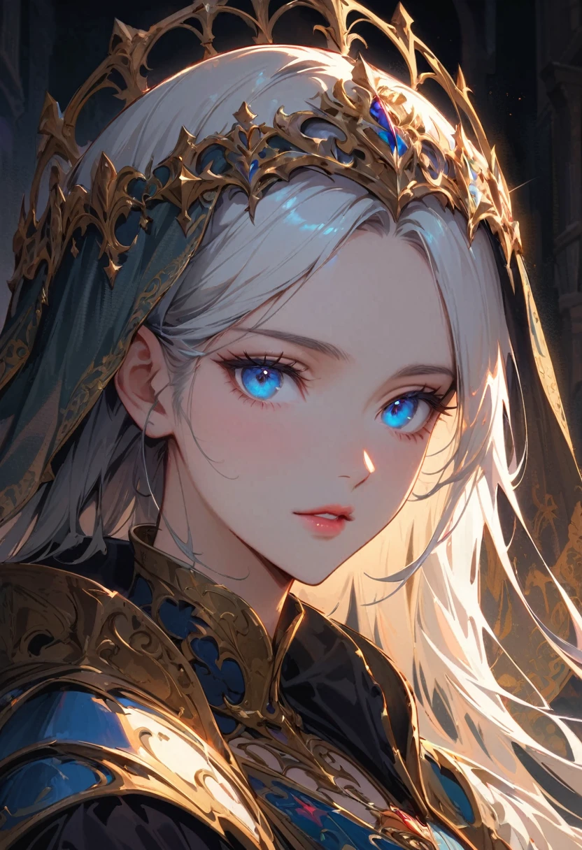 sakimychan style, portrait, Delicate face, Beautiful woman, Full lips, Opaque veil, Medieval veil, Head Rail, 12th century, blue eyes, Briot, Lord of the Rings armor, white hair, Nearly perfect, Beautiful anime style, Clean Delicate face, glowing shadow, beautiful gradient, Depth of Field, Clean Graphics, high quality, High Detail, HD, Luminous Studio graphics engine