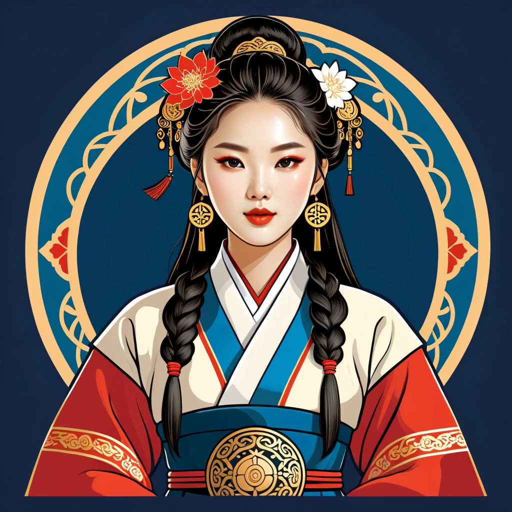 female	enchanter	in korean folk outfit	,vector graphics, strong contours, logo design																						