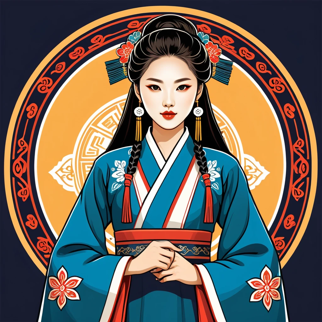 female	enchanter	in korean folk outfit	,vector graphics, strong contours, logo design																						
