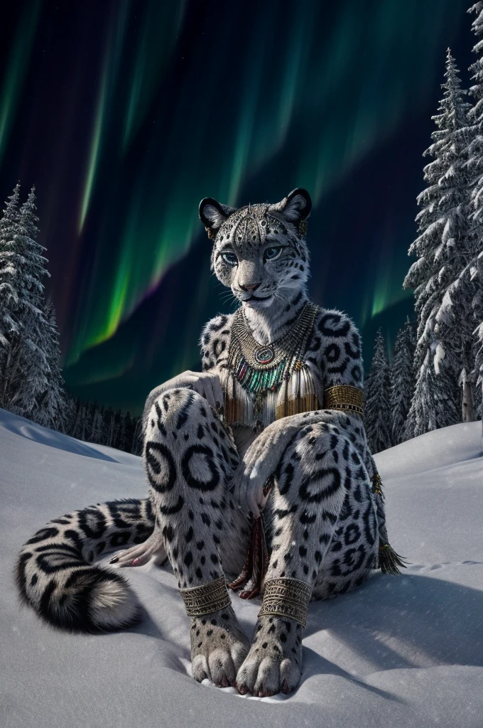 Snow Leopard, Humanity, furry, woman, woman, fur, detailed fur masterpiece, Highest quality, Digital Art, (Realistic:0.3), comics, Fine Lines, High resolution, Visually stunning (Detailed lighting, Depth of written boundary:0.9), Detailed Color, Vibrant colors, perfect hands, Fine hand (beautiful, cute, fluffy:1.2), Detailed body, Barefoot hairy character ,One girl,Person sitting barefoot in the snow, Nice legs, Soles and pads,smile,nature, Tribal accessories, Tribal costume, Colorful aurora borealis,Night