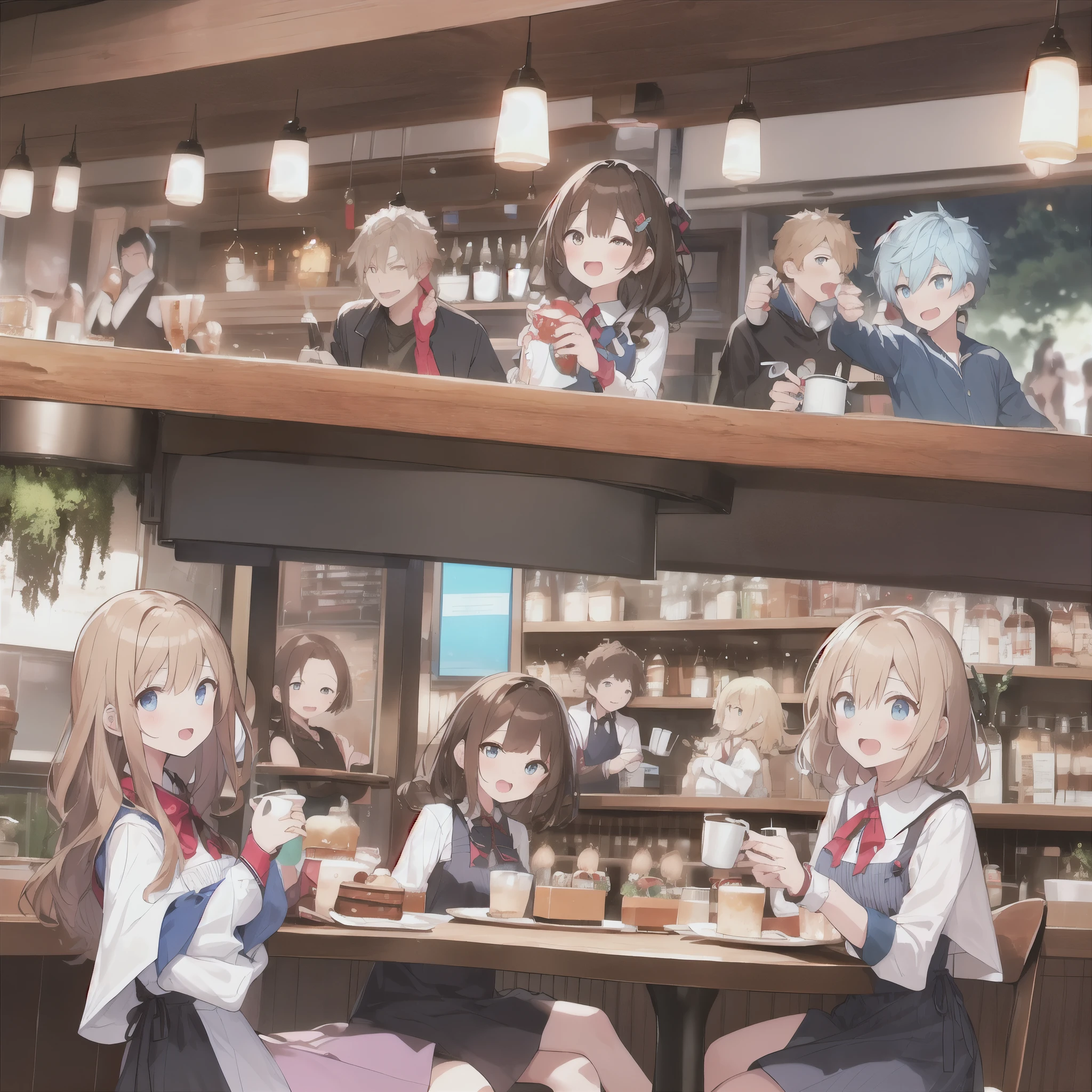 (Representative works:1.2)、Highest quality、Pixiv、Rebellious girl、Light brown hair、woman、Cafe、party、6 people、male