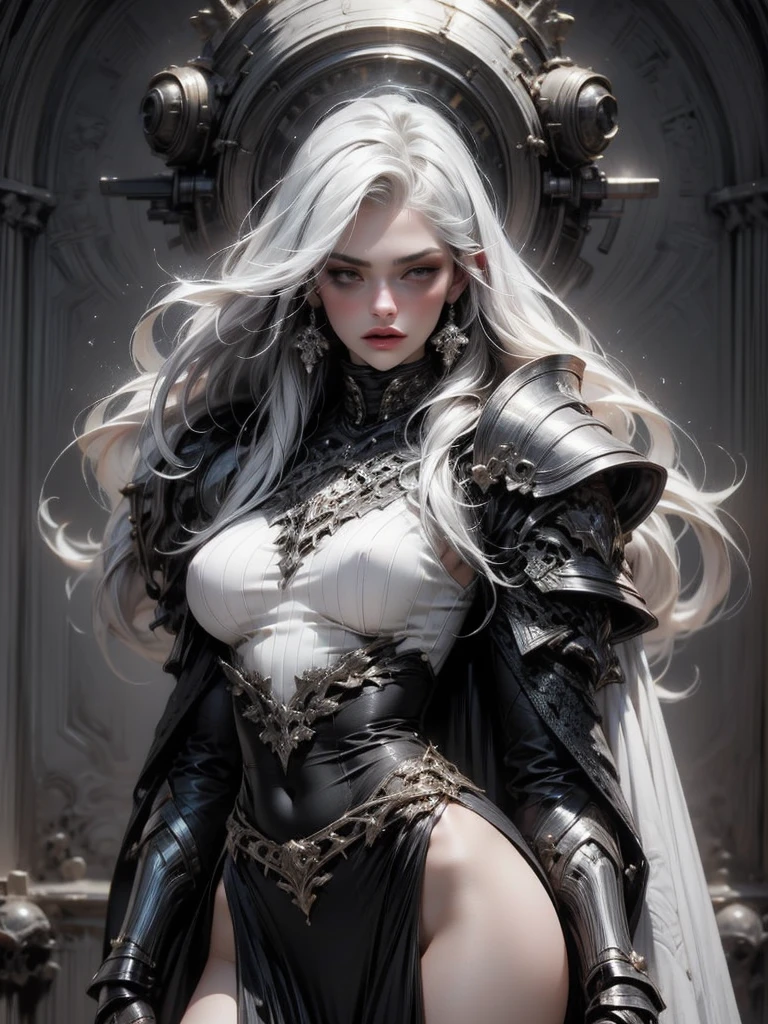 (masterpiece:1.1), (best quality:1.1), (ornate:1.1), (monochrome:1.3), (black and white:1.3), BREAK,
(horror:1.0), (esoteric:1.1), (watercolor:1.0), BREAK,
(solo:1.4), (dynamic angle:1.0), (cowboy shot:1.0), (woman:1.1), (white tunic:1.0), (armor:1.2), (shoulder armor:1.1), (gauntlets:1.0), (large breasts:1.0),