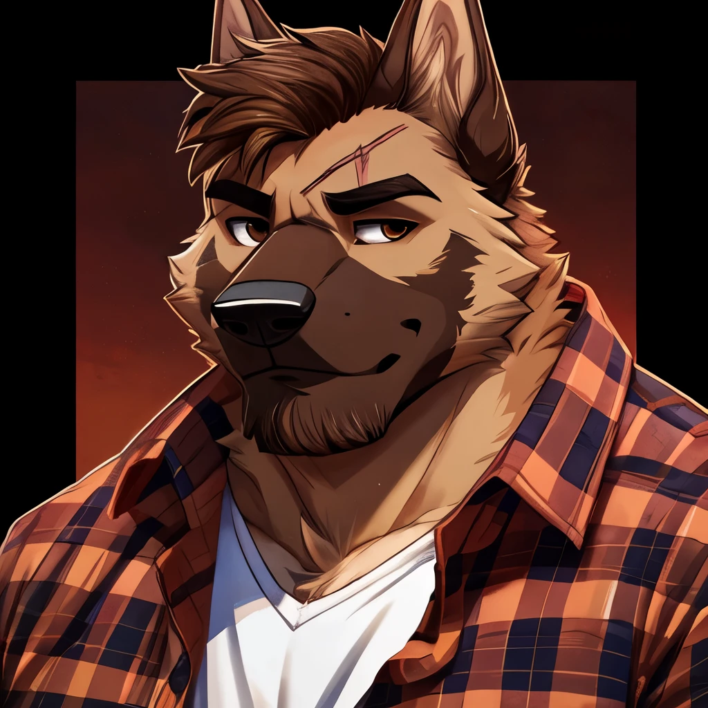 German Shepard Anthro, Male, Scar on right eyebrow, Chubby, Muscular arms, Dark Brown fur, Brown hair, brown eyes, short brown beard, Wearing a button up flannel shirt, weird fur pattern, Brown fur from muzzle up to forehead,