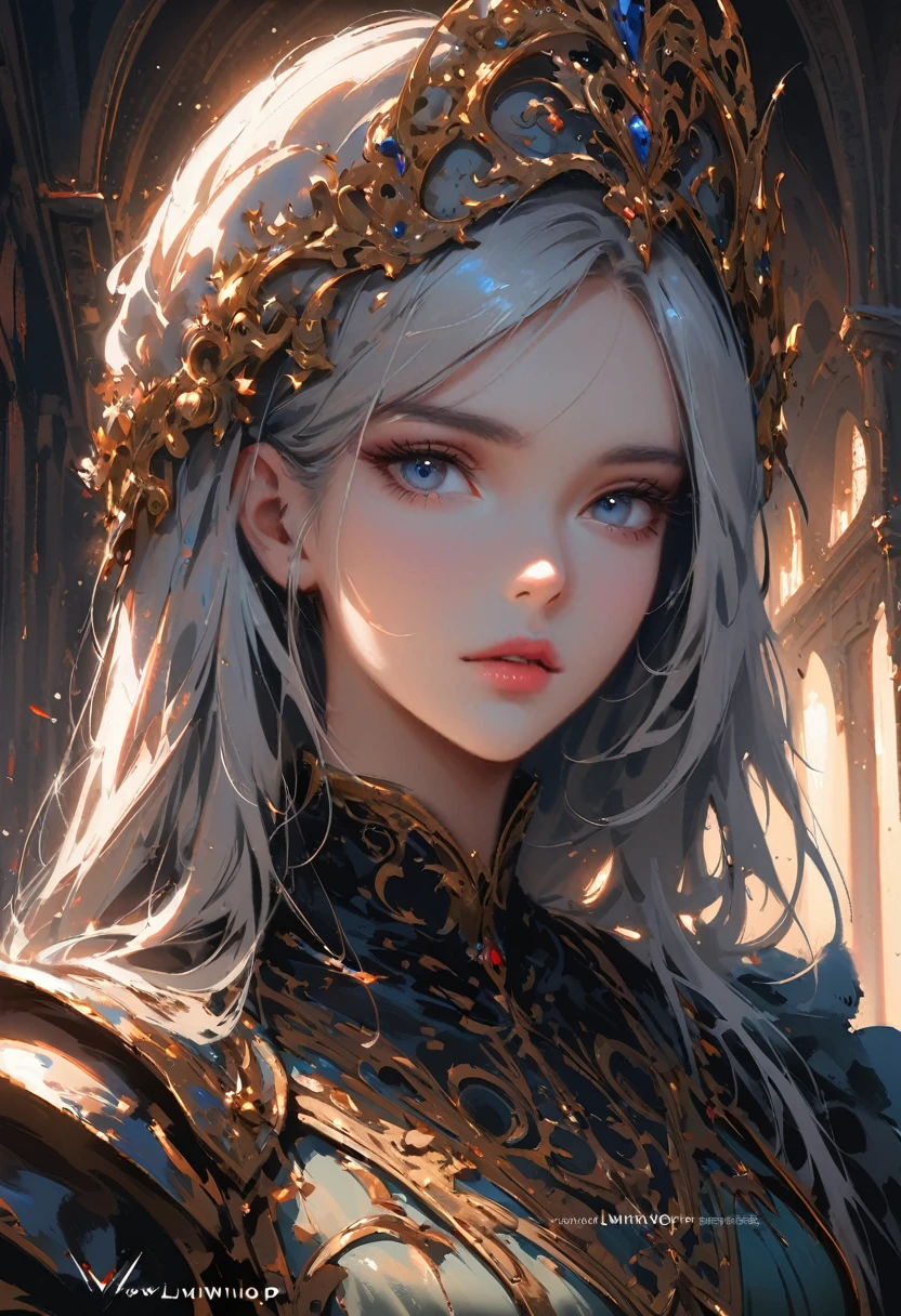 sakimychan style, Wlop style, portrait, Delicate face, Beautiful woman, Full lips, Medieval veil, Head Rail, 12th century, blue eyes, Briot, Lord of the Rings armor, white hair, Nearly perfect, Beautiful anime style, Clean Delicate face, glowing shadow, beautiful gradient, Depth of Field, Clean Graphics, high quality, High Detail, HD, Luminous Studio graphics engine