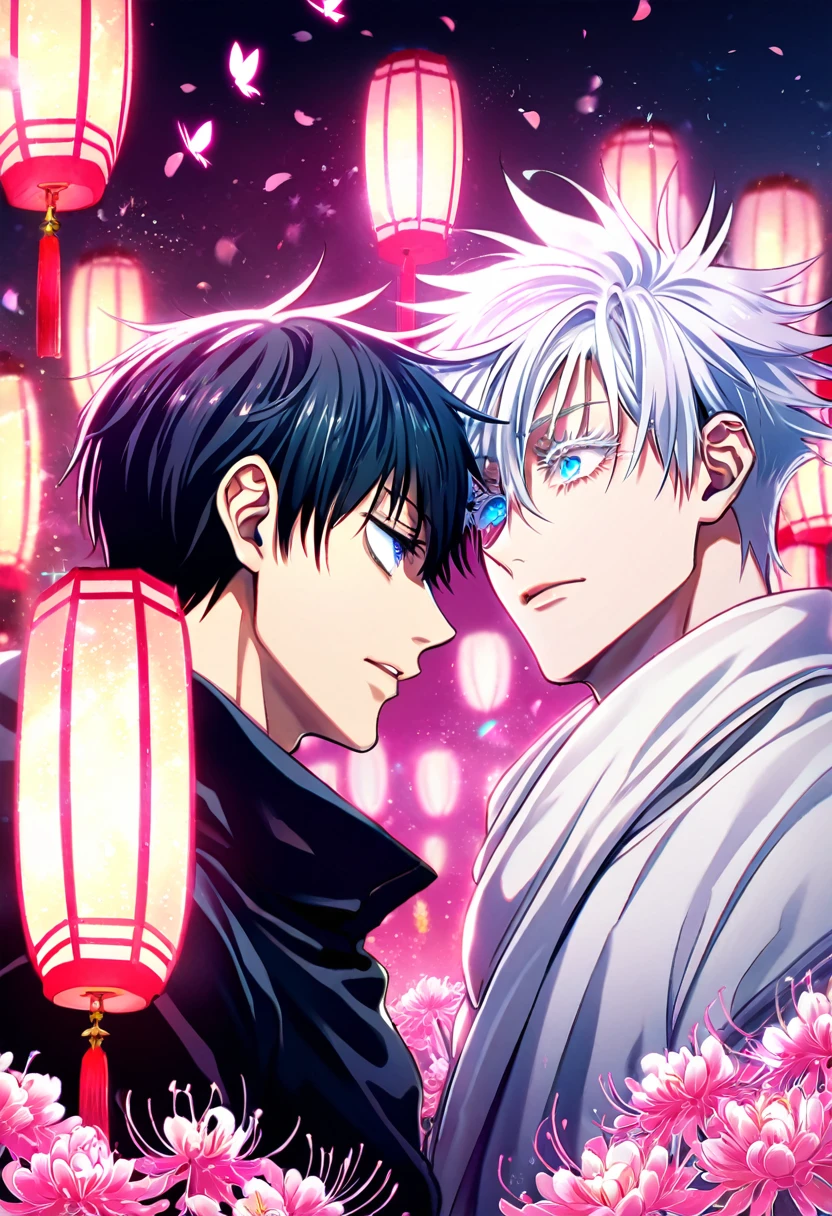 absurd resolution, high resolution, ultra detailed, detailed eyes, delicated features, extremely detailed, HDR, 8K, Gojou Satoru, white hair, expressive blue eyes, white eyelashes, Jujutsu Kaisen, Isagi Yoichi, black hair, messy hair, expressive blue eyes, two sexy men together, yaoi, gay couple, handsome, black coat, white coat, fantasy, cool, magical, pink glittering butterflies, pink dust flying around, pink spider lilies, pink petals, pink lanterns, Japanese ambiance, pink blossoms