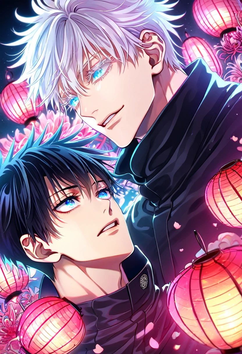 absurd resolution, high resolution, ultra detailed, detailed eyes, delicated features, extremely detailed, HDR, 8K, Gojou Satoru, white hair, expressive blue eyes, white eyelashes, Jujutsu Kaisen, Isagi Yoichi, black hair, messy hair, expressive blue eyes, two sexy men together, yaoi, gay couple, handsome, black coat, white coat, fantasy, cool, magical, pink glittering butterflies, pink dust flying around, pink spider lilies, pink petals, pink lanterns, Japanese ambiance, pink blossoms