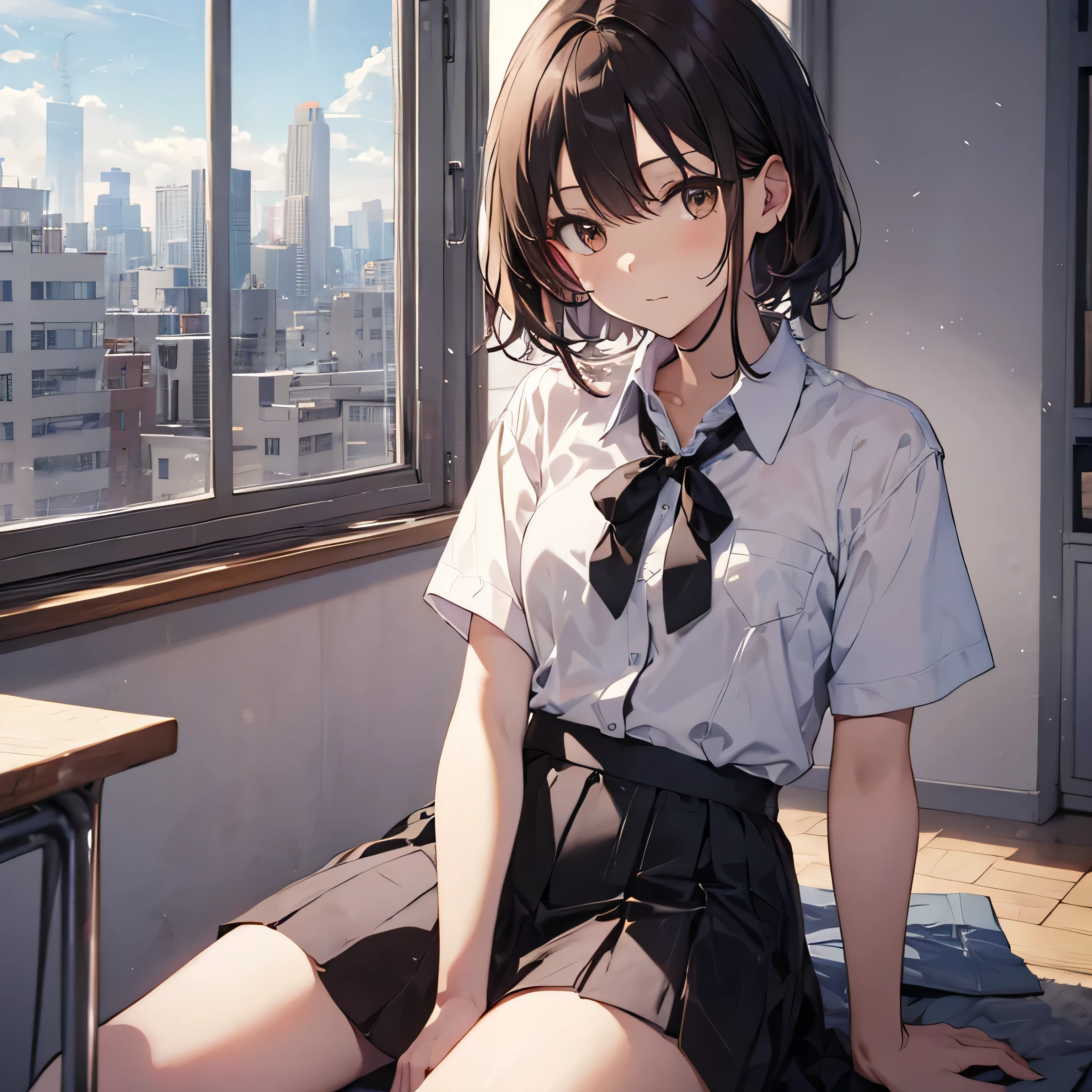 masterpiece, Highest quality, superior_Mikoto, Brown eyes, short_hair, small_chest, Looking at the audience, solo, Closed_mouth, first round_shirt, School_uniform, shirt, Whitened_shirt, , classroom Full Body mini skirt Cool look