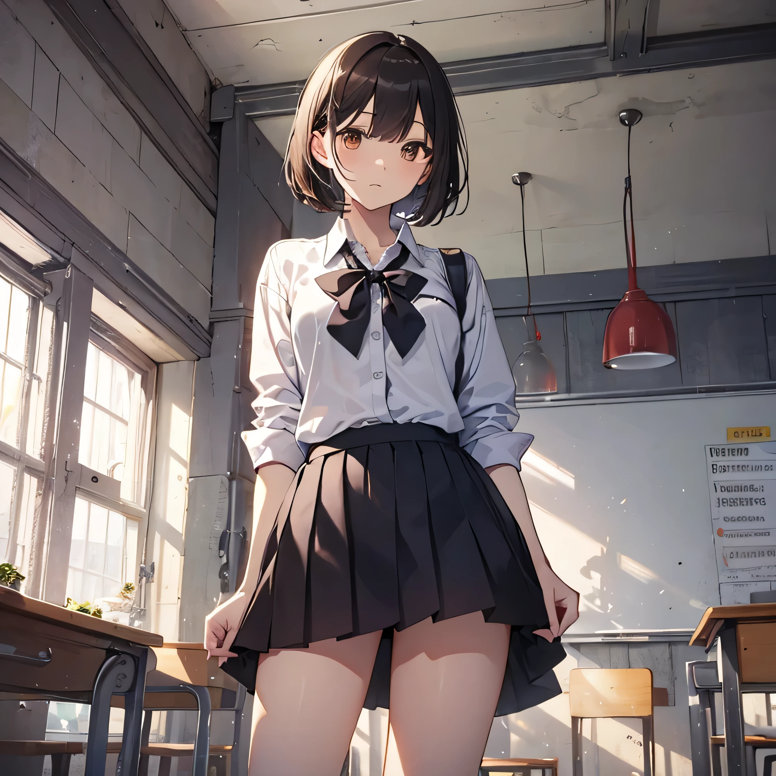 masterpiece, Highest quality, superior_Mikoto, Brown eyes, short_hair, small_chest, Looking at the audience, solo, Closed_mouth, first round_shirt, School_uniform, shirt, Whitened_shirt, , classroom　Full Body　mini skirt　Cool look