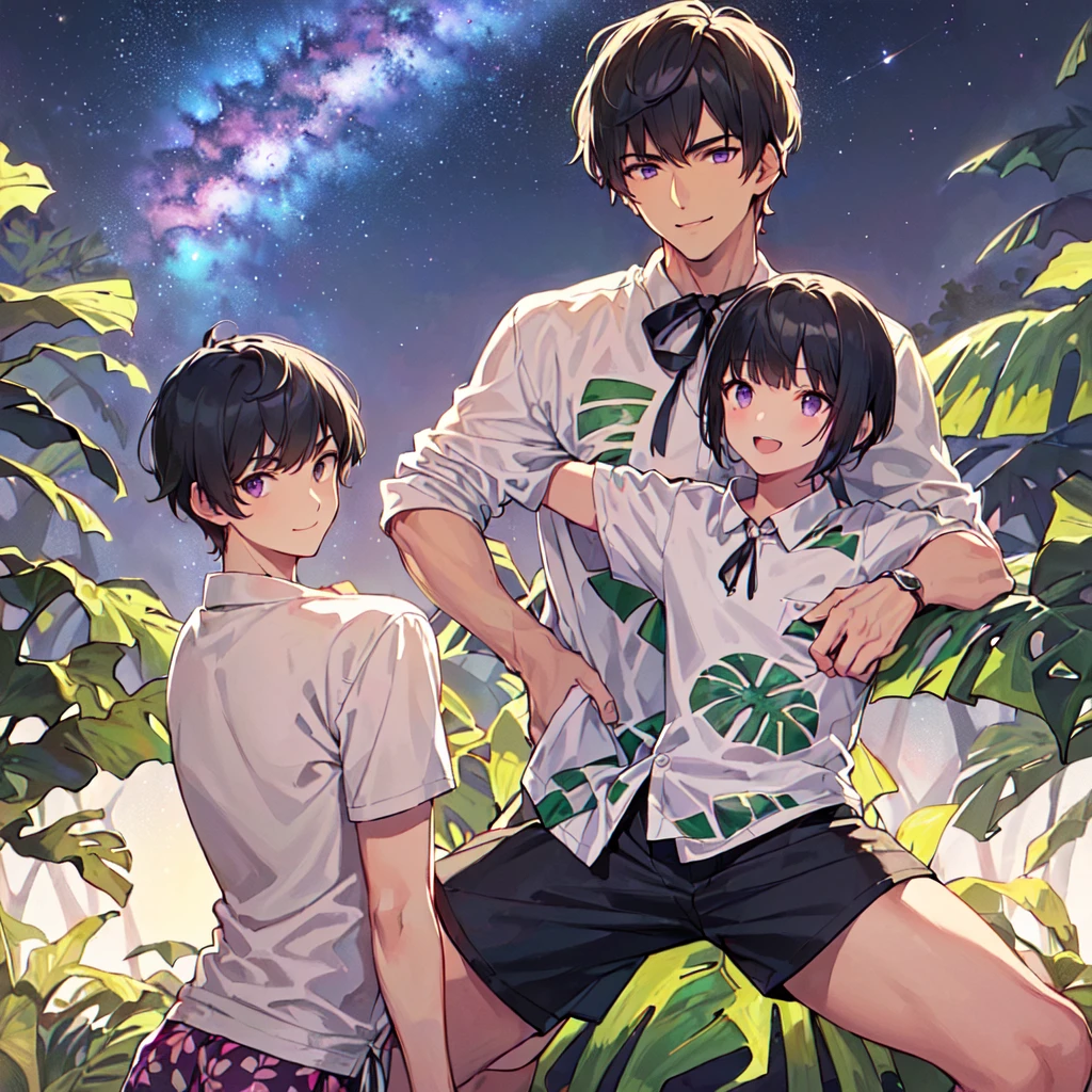 masterpiece,best quality,high quality,(1 male austere handsome solo adult age 30:1.5), purple eyes, cool with suspended eyes, V-shaped eyebrows, body strong and fearless 8.5 head tall, height 185cm,(well-groomed black short hair down to neck:1.4),(bangs in three (hair parted in three parts:1.4), slender nose, facial muscles, throat, (Monstera print shorts with Monstera print shirt:1.3), (stylish pose), (cool smile:1.3), (background Monstera Forest:1.3) , (Milky Way Night Sky:1.3)