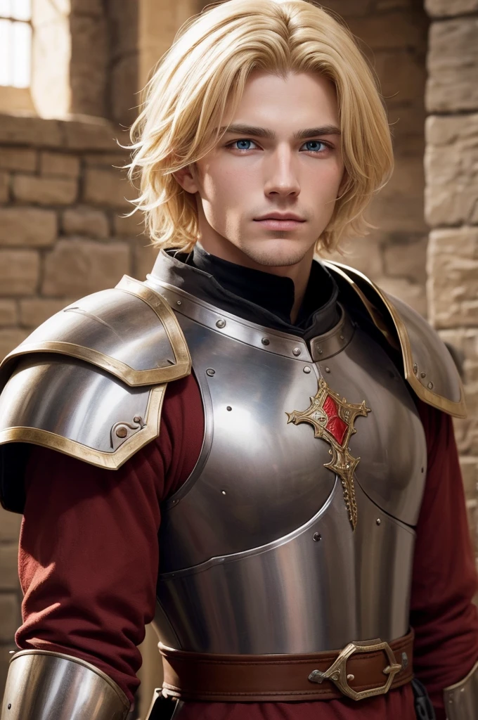 a man with blond hair, Eye Brown, with clothes, the armor is red, he is from medieval times, he's hot