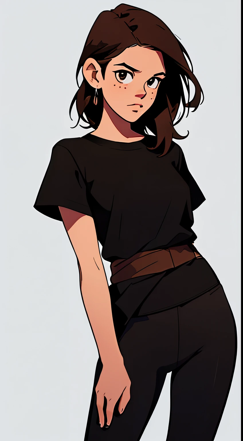 masterpiece, best quality, waist up,1girl,the highest image quality, 31-year-old mature woman, looks like rachel bilson, short brown hair, brown eyes, freckles, wearing a goth tshirt, black leggings, White background, empty background, waist up , standing normally, RachelBilson