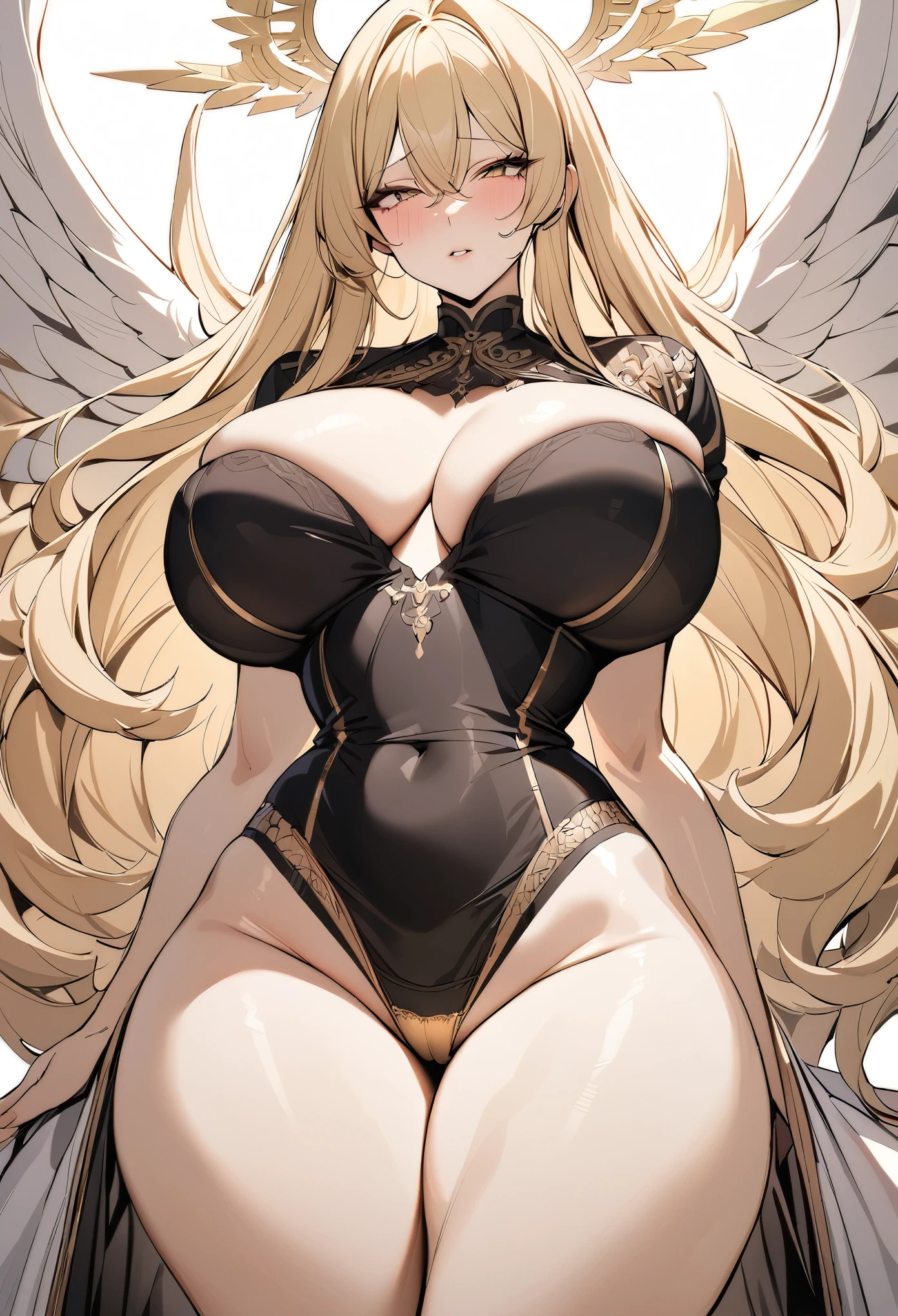 (masterpiece, best quality, very aesthetic, ultra detailed), intricate details, 1girl, angel, long blonde hair, angel wings, halo, scantly clothed, lustful look on face, beautiful, curvaceous, voluptuous, gold silk panties