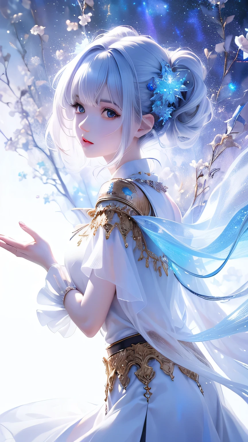 ((masterpiece)), (((best quality))), ((ultra-detailed)), ((illustration)),[realism light effect],shadow,(Fantasy style),(white background:1.6), simple background, (earth theme),(a cloak)[(hair focus,((1girl)),[(big slime hair): (cloud hair):0.3], (hair on background),(high saturation),(hair surrounded by galaxy splashes),)):((her hair is becoming galaxy clouds,:1.27628), (hair and clothes is galaxy clouds and cluster of stars:1.1025),(a cloak is becoming galaxy clouds)