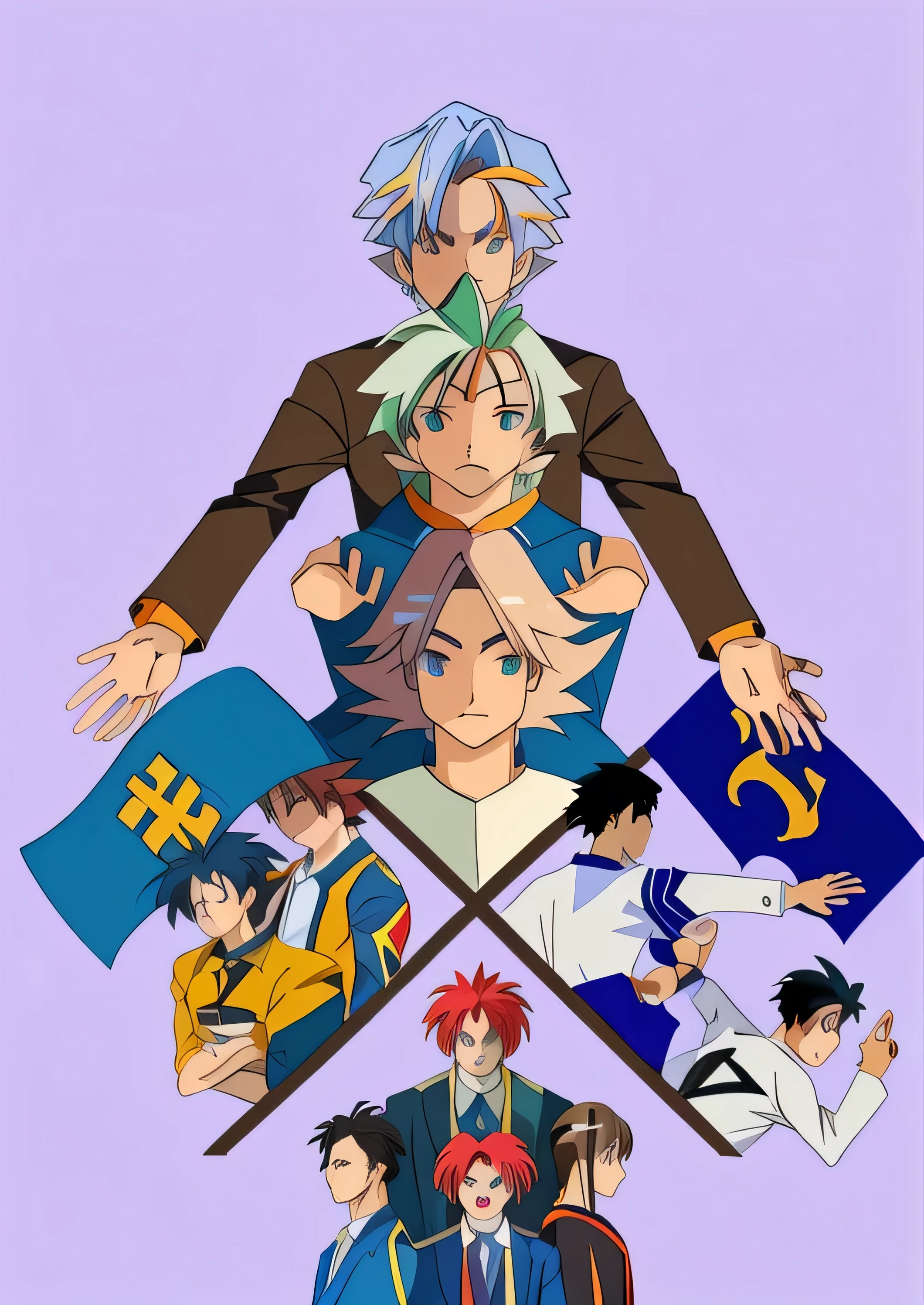 anime characters are grouped in a circle with a flag, characters merged, there were eight anime people, in the art style of 80s anime, lawyer style, 2d anime style, anime graphic illustration, 2022 anime style, 2 0 2 2 anime style, wisdom friend anime, 90s anime art style