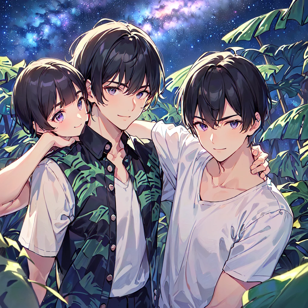 masterpiece,best quality,high quality,(1 male austere handsome solo adult age 30:1.5), purple eyes, cool with suspended eyes, V-shaped eyebrows, body strong and fearless 8.5 head tall, height 185cm,(well-groomed black short hair down to neck:1.4),(bangs in three (hair parted in three parts:1.4), slender nose, facial muscles, throat, (Monstera print shorts with Monstera print shirt:1.3), (stylish pose), (cool smile:1.3), (background Monstera Forest:1.3) , (Milky Way Night Sky:1.3), (upper body:1.3)