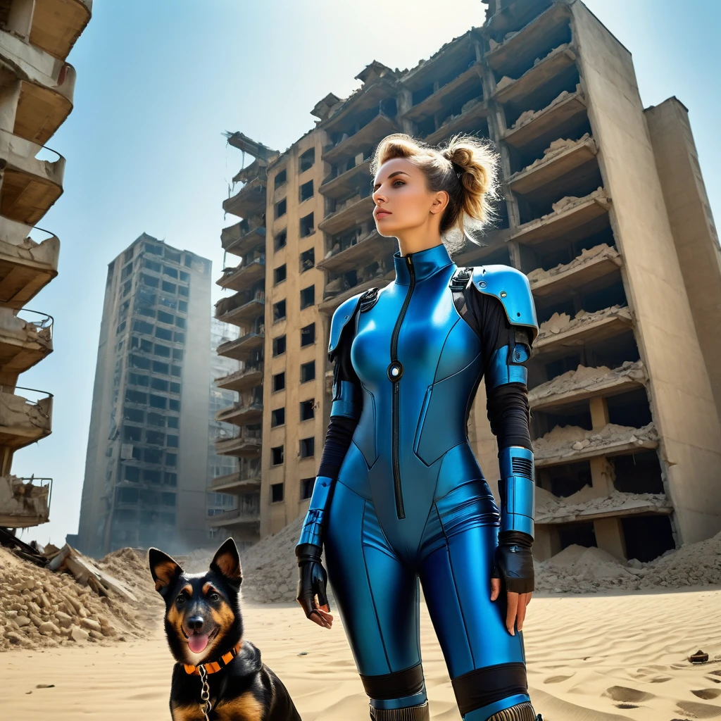 top quality,(masterpiece:1.2),ultra high resolution,raw color photographs,8 K,Extensive landscape photography,Realistic photos,Thoughtful photos,(Behind:1.5),(from below:1.2),(((fall out,retro future,cyberpunk))),(Woman in blue Vault suit,Explore the city, devastated by nuclear war.,In front of me stands a dilapidated multi-story building..),(Accompanied by a small dog),(sand dust:1.2),Written boundary depth,wide light,low contrast,Backlight,Sharp Focus,bright colors,moving composition