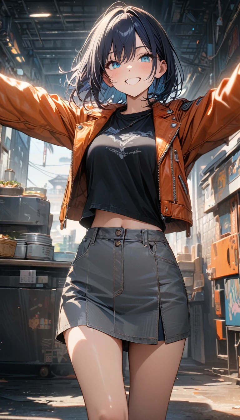 Young girl, short dark blue hair, aquamarine eyes, smile, black T-shirt, orange leather jacket, gray leather skirt, Masterpiece, best quality, Full HD, 8k, ultra details, great graphic