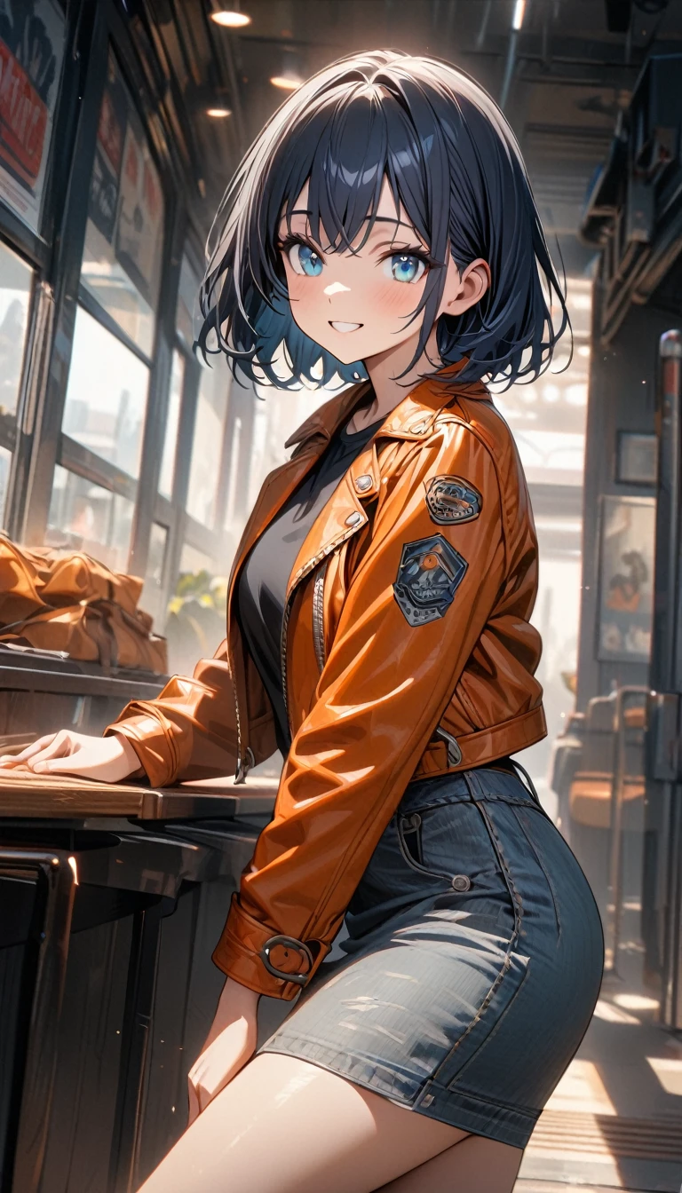 Young girl, short dark blue hair, aquamarine eyes, smile, black T-shirt, orange leather jacket, gray leather skirt, Masterpiece, best quality, Full HD, 8k, ultra details, great graphic