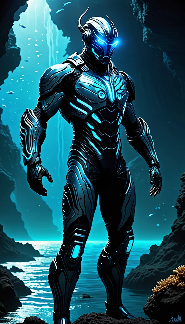 Create a full-body, powerful, futuristic deep sea warrior avatar with advanced technology integrated into the armor. The character should have a strong, heroic physique and confident facial features, with some parts of the face visible. The armor should be a blend of ancient Greek or Atlantean warrior styles, covering essential parts of the body while leaving some muscular areas exposed. Subtle deep-sea themes, such as bioluminescent creatures and abyssal patterns, should be incorporated into the design, using a color scheme of dark blue, black, and silver. The character should emanate a sense of strength and dominance, with glowing blue eyes and a mystical, bioluminescent aura. Ensure the character is visible from head to toe, standing against a backdrop of the deep ocean, with glowing sea creatures and underwater chasms visible, to enhance the powerful and dynamic setting