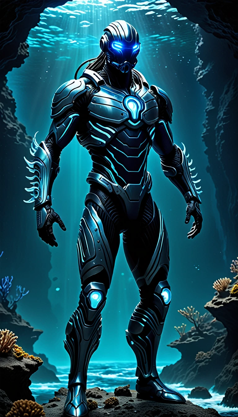 Create a full-body, powerful, futuristic deep sea warrior avatar with advanced technology integrated into the armor. The character should have a strong, heroic physique and confident facial features, with some parts of the face visible. The armor should be a blend of ancient Greek or Atlantean warrior styles, covering essential parts of the body while leaving some muscular areas exposed. Subtle deep-sea themes, such as bioluminescent creatures and abyssal patterns, should be incorporated into the design, using a color scheme of dark blue, black, and silver. The character should emanate a sense of strength and dominance, with glowing blue eyes and a mystical, bioluminescent aura. Ensure the character is visible from head to toe, standing against a backdrop of the deep ocean, with glowing sea creatures and underwater chasms visible, to enhance the powerful and dynamic setting