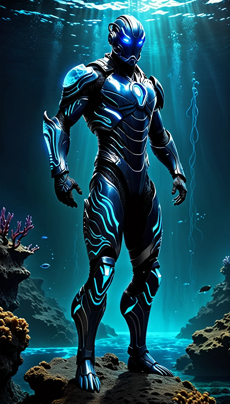 Create a full-body, powerful, futuristic deep sea warrior avatar with advanced technology integrated into the armor. The character should have a strong, heroic physique and confident facial features, with some parts of the face visible. The armor should be a blend of ancient Greek or Atlantean warrior styles, covering essential parts of the body while leaving some muscular areas exposed. Subtle deep-sea themes, such as bioluminescent creatures and abyssal patterns, should be incorporated into the design, using a color scheme of dark blue, black, and silver. The character should emanate a sense of strength and dominance, with glowing blue eyes and a mystical, bioluminescent aura. Ensure the character is visible from head to toe, standing against a backdrop of the deep ocean, with glowing sea creatures and underwater chasms visible, to enhance the powerful and dynamic setting