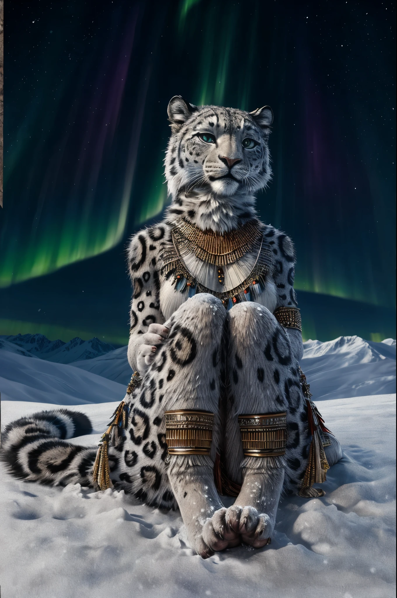 Snow Leopard, Humanity, furry, woman, woman, fur, detailed fur masterpiece, Highest quality, Digital Art, (Realistic:0.3), comics, Fine Lines, High resolution, Visually stunning (Detailed lighting, Depth of written boundary:0.9), Detailed Color, Vibrant colors, perfect hands, Fine hand (beautiful, cute, fluffy:1.2), Detailed body, Barefoot hairy character ,One girl,Person sitting barefoot in the snow, Nice legs, Soles and pads,smile,nature, Tribal accessories, Tribal costume, Colorful aurora borealis,Night